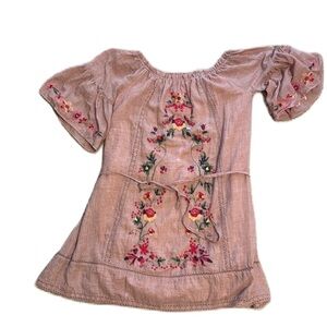 Umgee M Dusty Rose Pink Floral Embroidered Bell Sleeve Dress Boho Peasant
